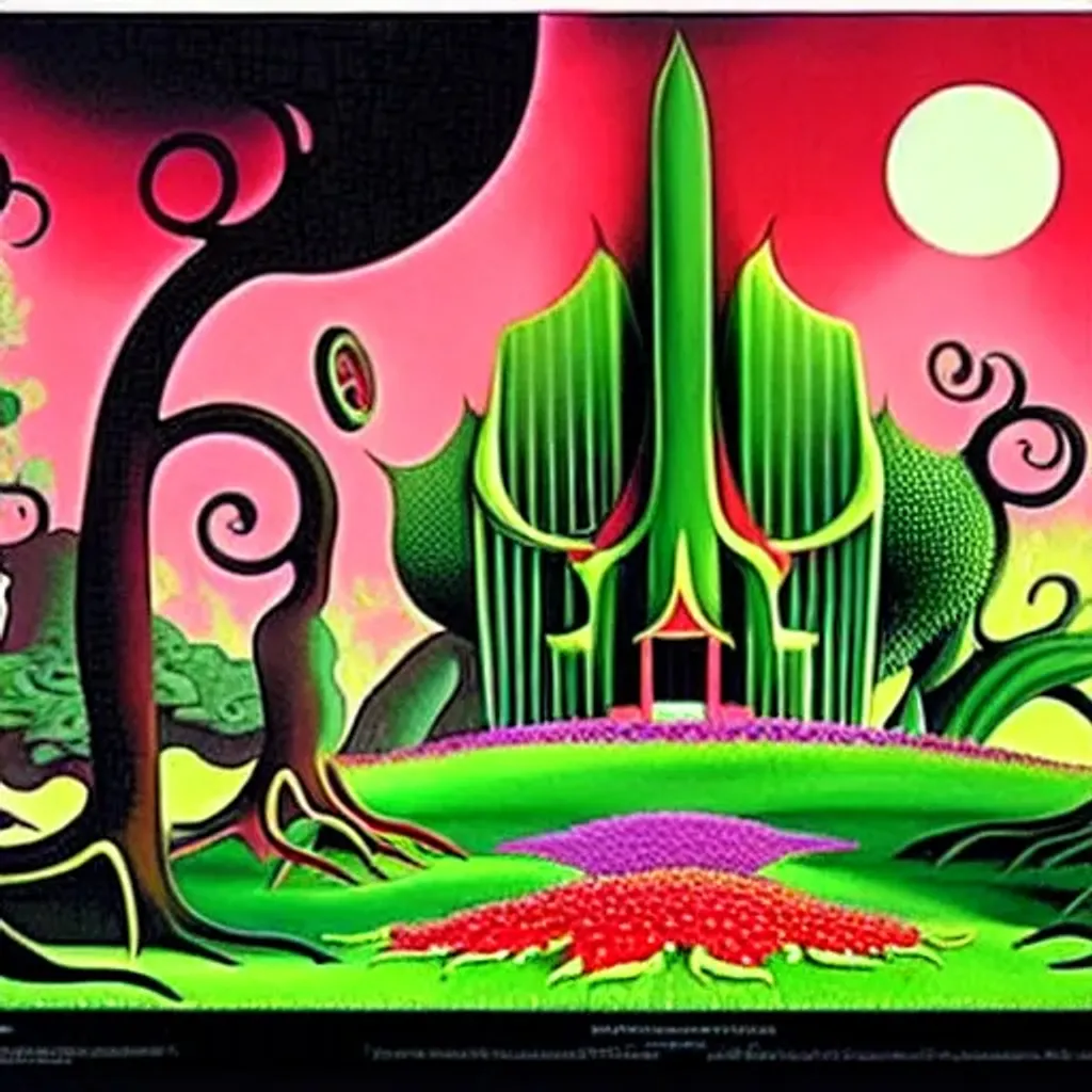 Prompt: House of the euphoria, 
House of the utopia, impressive surrealist painting by Tim Burton and Sho Murase and eyvind earle.  Architecture advertisements. Esthetic Neighborhoods. Floral explosion. Rich fauna. Organic biopunk. Dystopian wasteland.