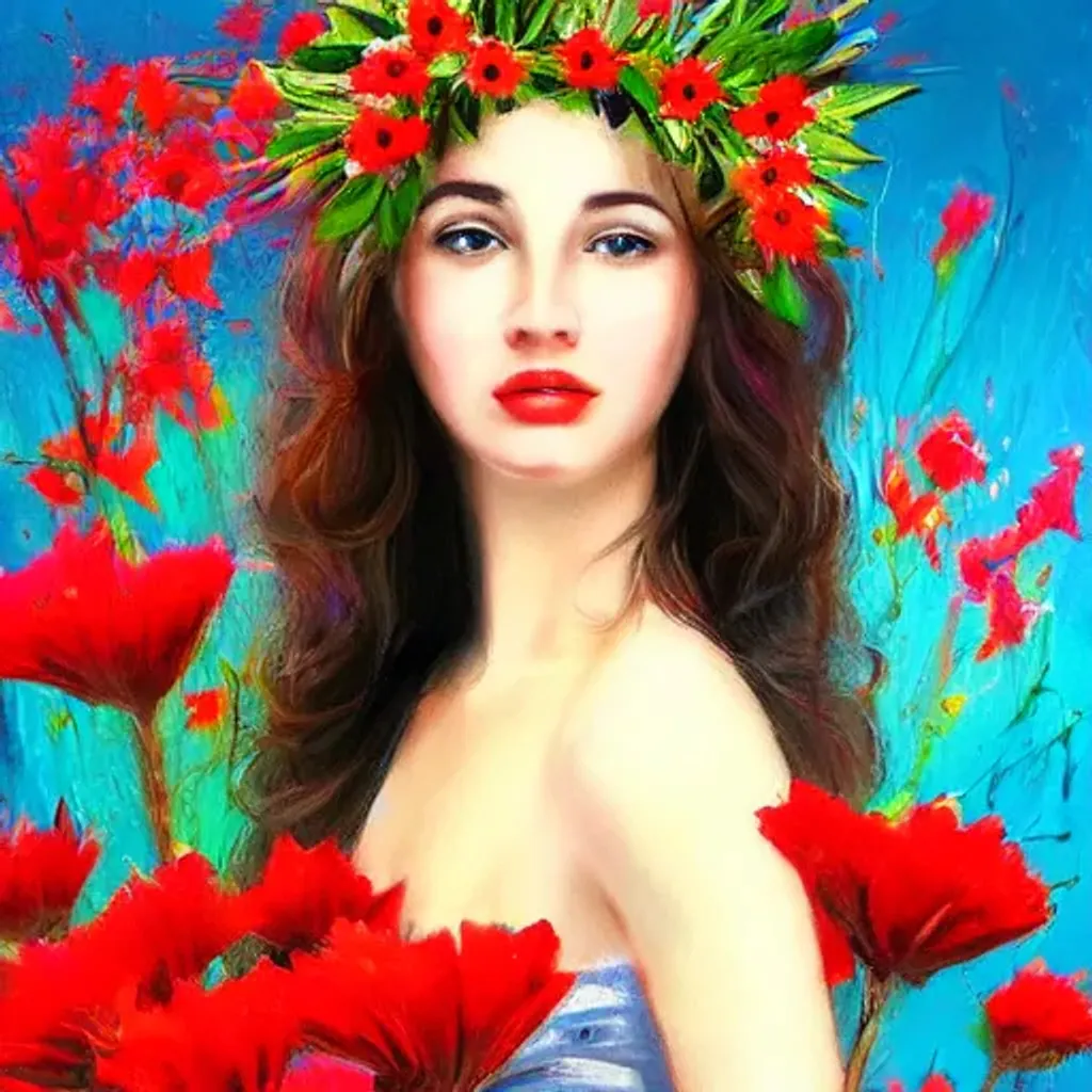 Prompt: Beautiful  Woman with flower crown, flowers in hair, red flowers, beautiful portrait, blue sky, highly detailed, oil painting, tom Vanasthali  style. Boring DALLE-2