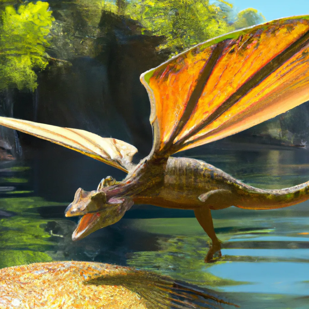 Prompt: gliding lizard-like skin, a chimera Pteranodon, has wings like bats, salamander tail, underwater herbivore,  amazing colorful Poisonous amphibian skin, a habitat nearside a lake with tall forests, and features developed for a swim. pre-historic, Full shot, Long shot, speculative evolution. Highly realistic accurate anatomical illustration,  hyperrealistic, wildlife photography