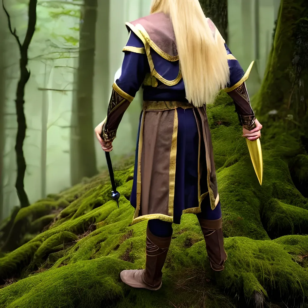 Prompt: Elder scrolls high elf, handsome, bronze skin, gold eyes, blond hair mid length, grand wizard robs, wizard hat, in a Forrest with mossy trees, fantasy extremely realistic costume, portrait HD 4k, photorealistic, D&D world