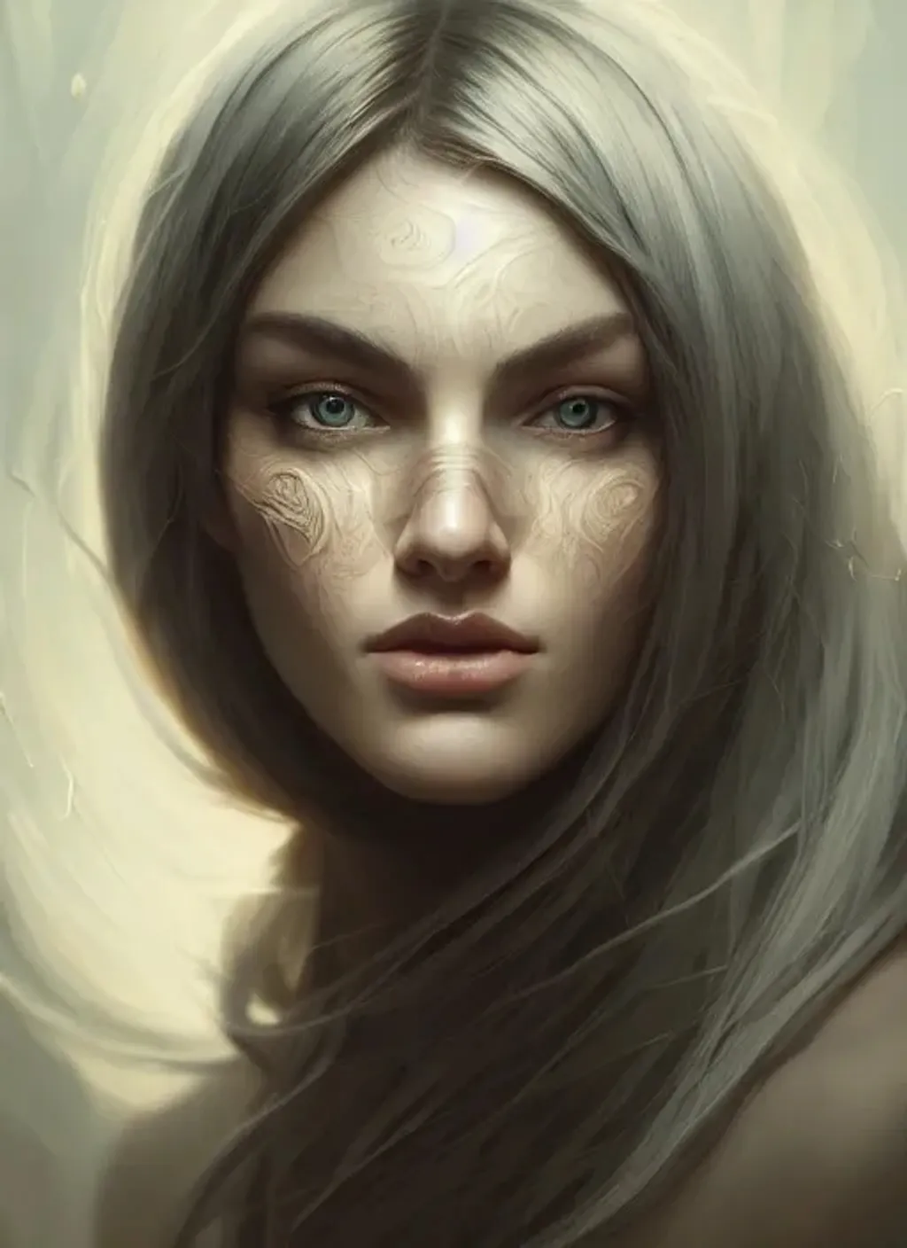 Prompt: portrait, beautiful woman with ashen hair, clothed, facial symmetry, perfect eyes, centered, gradient background, perfect composition, hyperrealistic, photorealism, super detailed, 32k, high quality, trending on artstation, sharp focus, studio lighting, intricate details, hyperdetailed photography by Peter Mohrbacher
