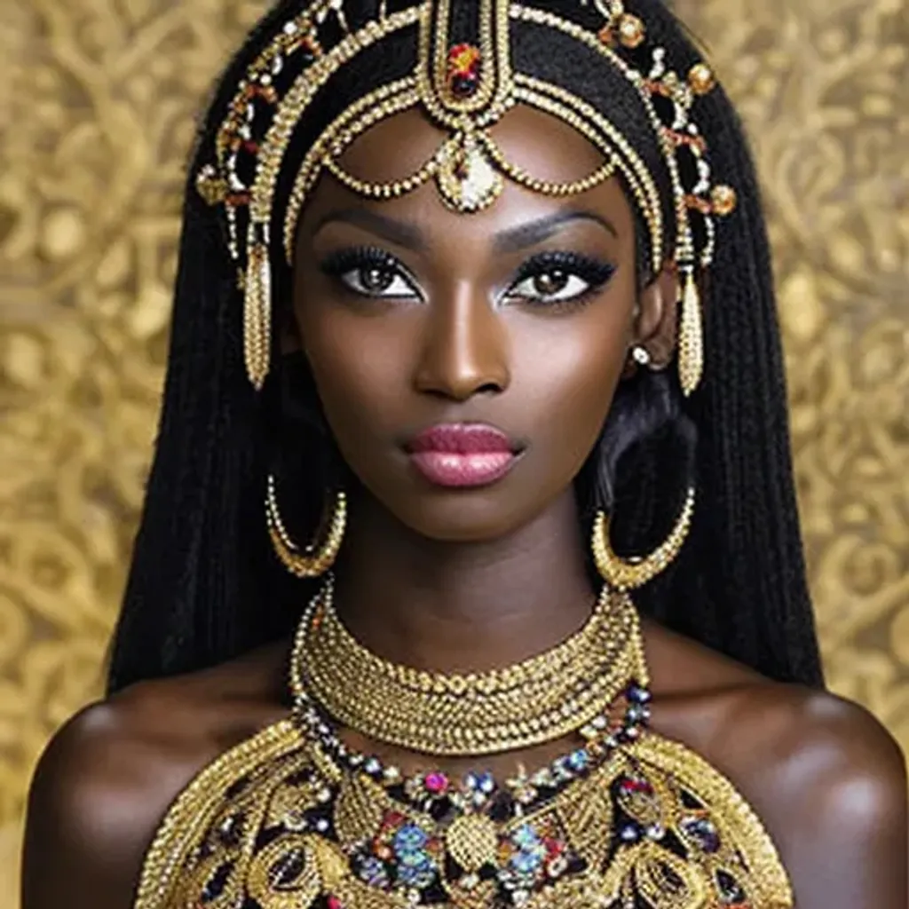 Prompt: Beautiful dark skinned Nubian princess in ornate armor 