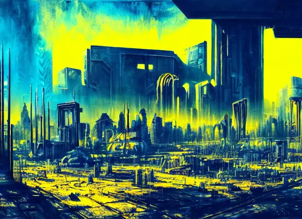 Prompt: A detailed painting of ((((vast Dystopian Wasteland futuristic metropolitan)))), ((((reclaimed by nature)))), ruins, yellow and blue colours, ((((oil painting)))), ornate, disturbing, dramatic lighting, hd, ultra detailed, (((((cinematic shot)))))