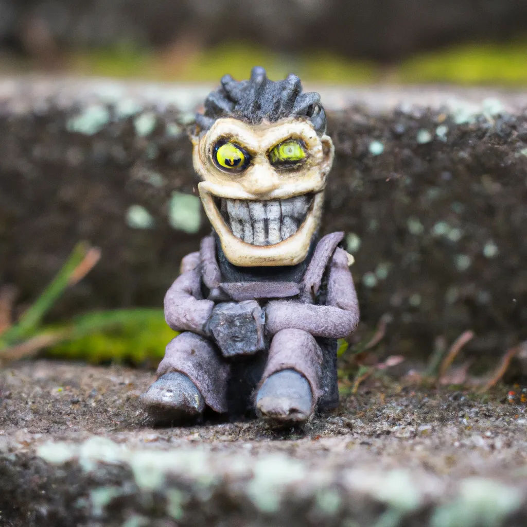 Prompt: Miniature carved frankenstein minion sitting in a graveyard and grinning