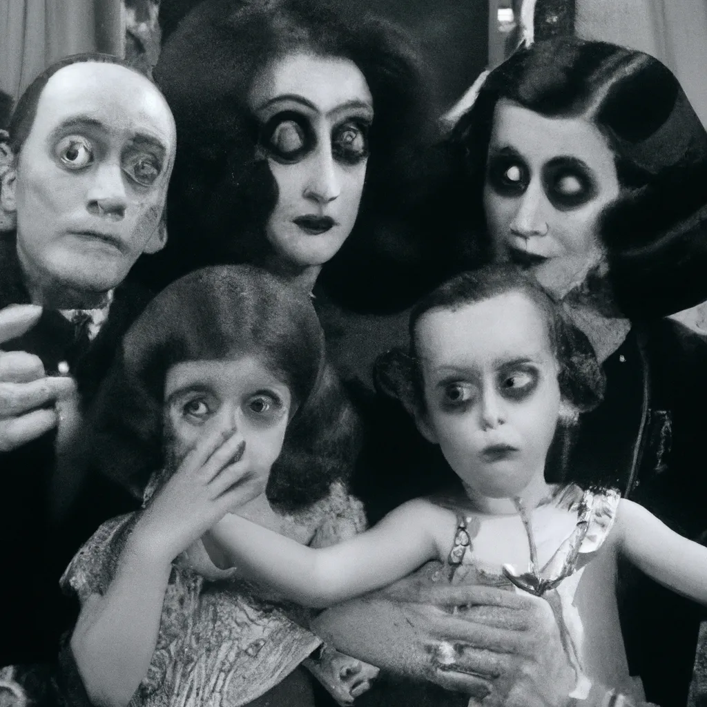 Prompt: a family photo of a family of spooky humanoid goth monsters on a 1960s sitcom, 35mm, 4k, panavision