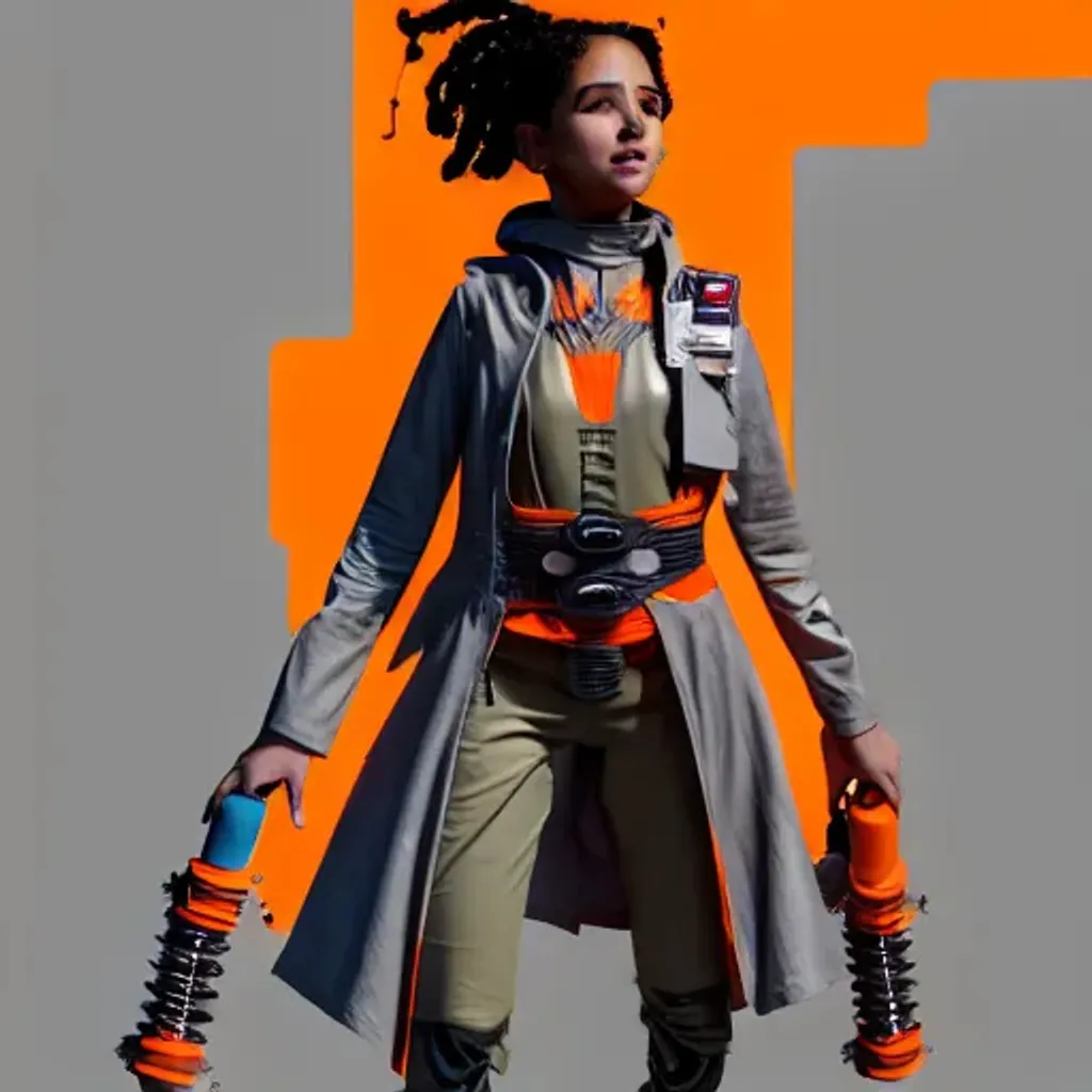 Prompt: Full body spraypaint art including face of beautiful light skinned young woman with chin length wavy turquoise hair and roman nose, wearing dirty white gray and orange dieselpunk solarpunk outfit with mid length light gray jacket with orange and white sleeves, lots of belts on clothing, straps around thighs, smirking at camera, 16k Maya render, highly detailed, 