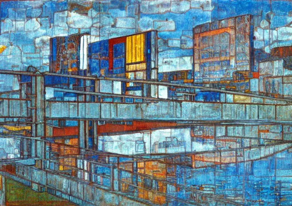 Prompt: artwork by Piet Mondrian, Pittsburgh buildings, bridges, 8k, hyper realistic, highly detailed, dreamscape, 