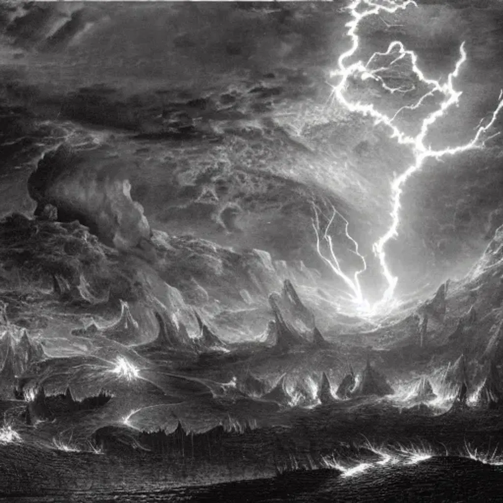 Prompt: A meticulously composed render of an Hellish Firestorm made of Raging Flames, Wrathful Lightning, and Luminous Hellfire by Francis Danby, John Martin, and Gustave Dore, Powerfully Glowing Fire and Lightning Storm of Blazing Volcanic Electrified Conflagration detailed 8k resolution deviantart trending on Artstation concept art digital illustration storm expansive fire Cinema 4D IMAX