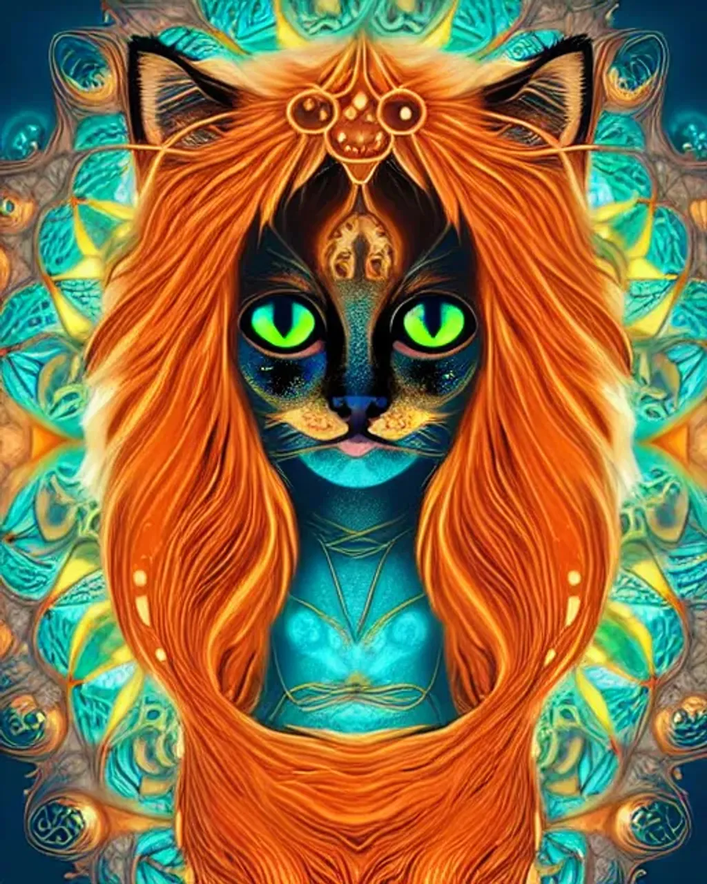 Prompt: Awesome kitten shapeshifter humanoid, fursona, blue tangerine brown copper cream eyes, very long luxurious hair, glowing headdress, sinusoidal striped fur, furaffinity, in the style of Mandy Jurgens, fantasy micro particles, starfires, background is a beautiful fractal mandala, in the style of Chie Yoshii, Mandelbrot, volumetric mist, detailed and intricate, elegant aesthetic, ornate, artefact, otherworldly, perfection, awesomeness, glee, volumetric lighting, coffee tangerine charcoal sky-blue, clear focus, clarity, cinematic, 128K UHD, Unreal Engine 5, pi, fractal, fBm