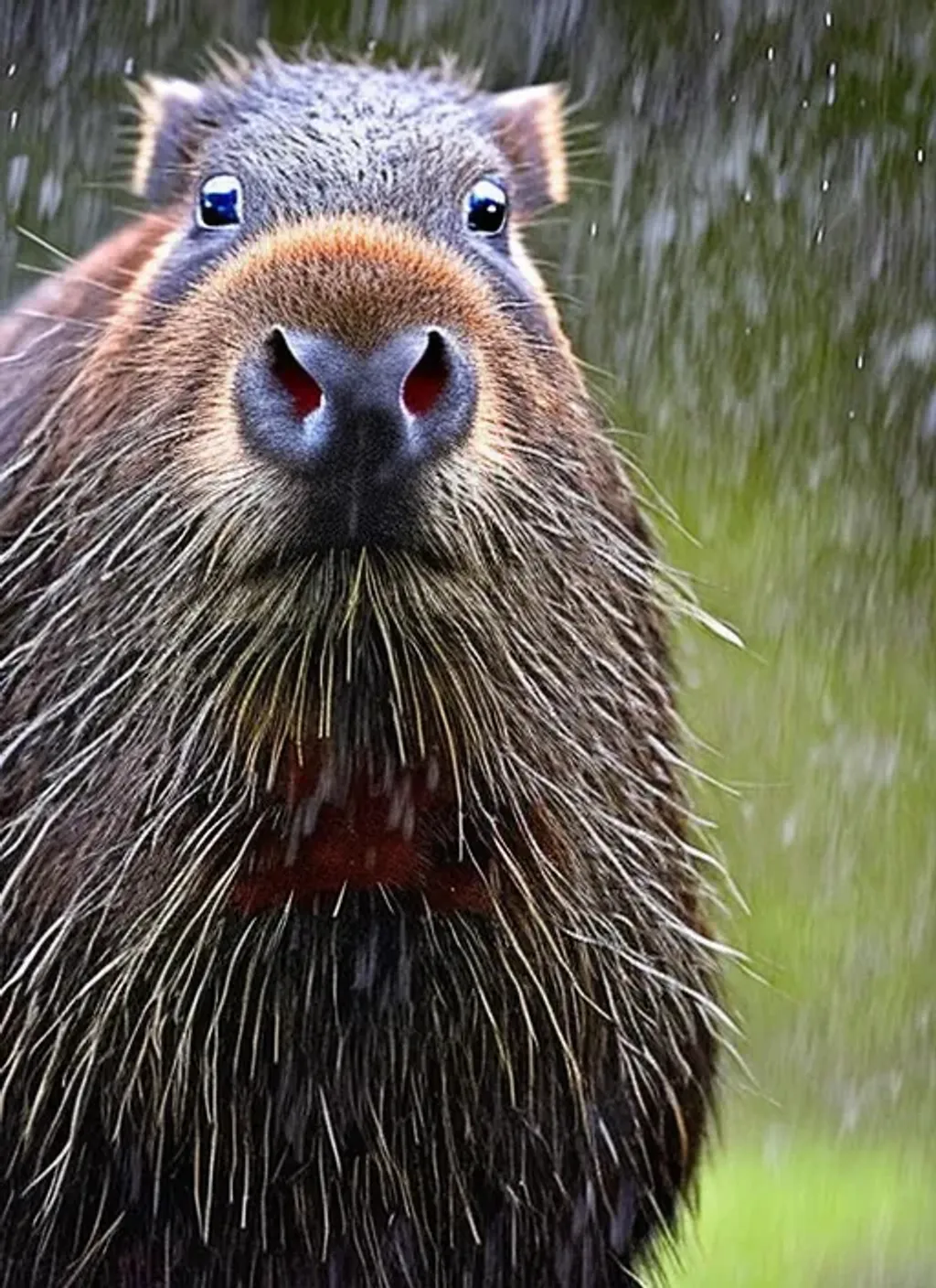 Prompt: creepy capybara, red eyes, heavy rain, dark colors