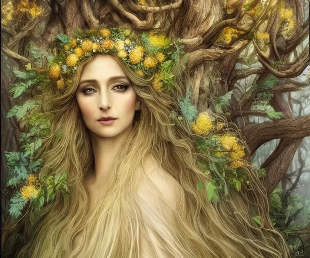 Prompt: Photorealistic digital painting of a stunningly beautiful 40 year old ethereal goddess of wood-elvish heritage dressed in a leafy gown with long ash hair with goldened highlights  adorned with golden flowers. Forest animals surround her. Background is a dark fantasy forest. fantasy artwork, realistic shaded, fine details, artgerm, ultrarealistic HDR, highly detailed. Fine facial features. Ultra realistic face. bright eyes, small smirk. D&D. smooth. sharp focus. Intricate. Magical, Fantasy, elegant, concept art