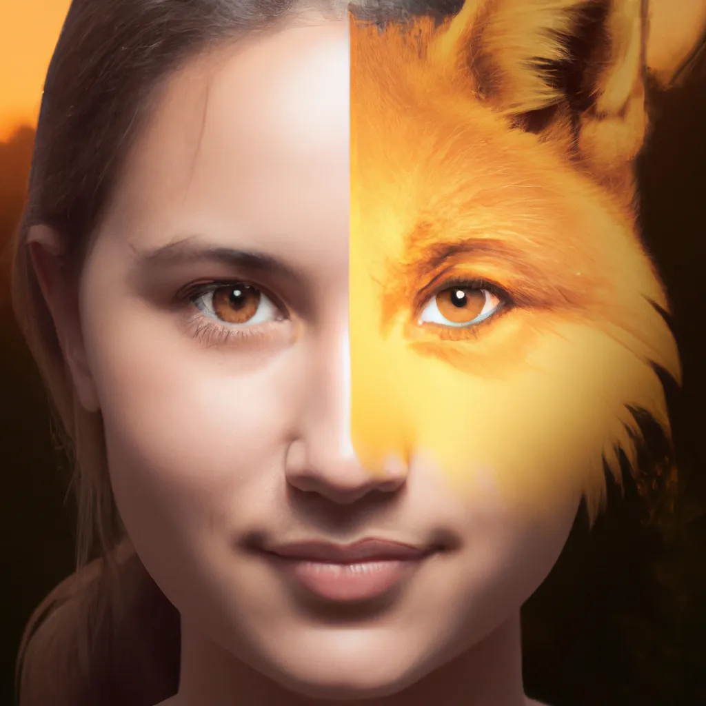 Prompt: A photo of a cute young woman's head combined with a 3D render of a hybrid fox head. Epic film poster style.