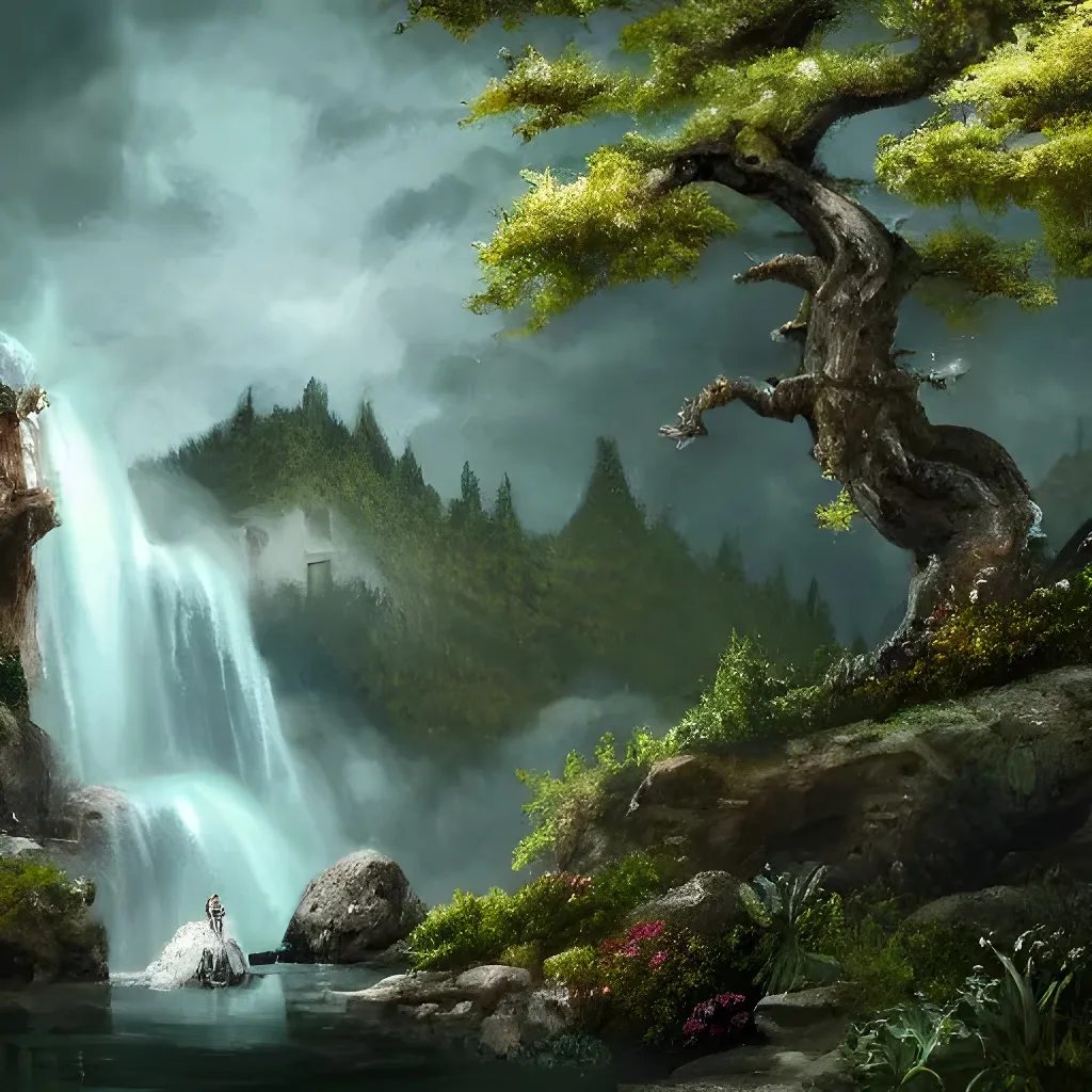 Prompt: A digital illustration of a knight in a beautiful mansion beside a waterfall in the woods, 4k, detailed, trending in artstation, fantasy, HQ