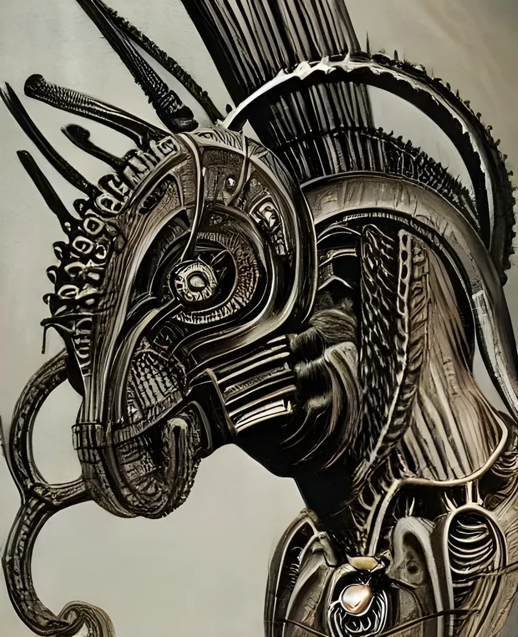 Prompt: h.r. giger's creature with biomechanical full head helmet with intricate details and corrugated tubes, ram horns, antennas and rusty gears, with a intricately detailed katana in his hands, riding a black horse, zoomed out scene