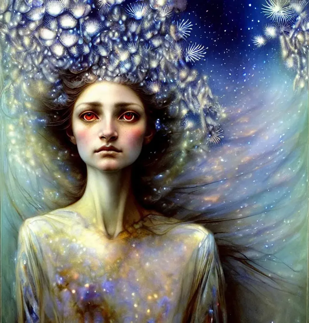 Prompt: (( woman cherub shapeshifter by Mandy Jurgens, Merritt Chase, Singer Sargent )) indigo fulvous red pine silver photorealistic eyes, beautiful face, impeccable skin details, very healthy, galaxy hair, elephant-Influence, glowing translucent fractal ((snowflakes)) by ((Ernst Haeckel, John Berkey)) background theme (murmuration of icicles) made of shining translucent silicone, high index of refraction, bioluminescent (fractal spray of droplets) by ((David Hockney, Howard David Johnson)) airbrush, acrylic on paper, smokey sky, fBm clouds, sunlight and shadows,  cinematic, ultra realistic, sense of high spirits, global illumination, volumetric fog,  volumetric lighting, occlusion, Poser 128K UHD fractal, pi, fBm