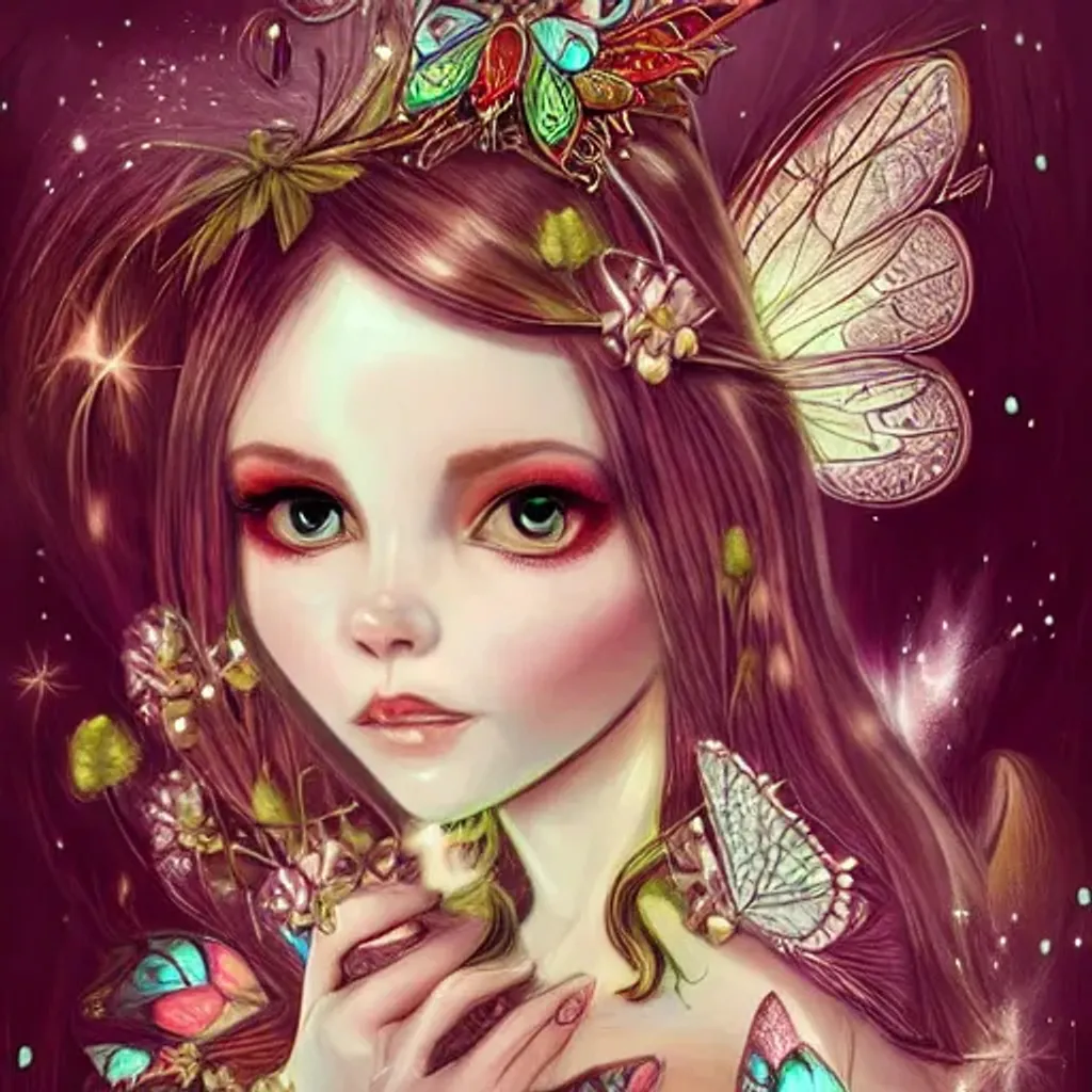 Prompt: Gorgeous intricate Fairy portrait with big eyes like Jasmine Becket Griffith, fantasy with horse, digital art,  horse, fairy, wings, rendered, artstation trending, 