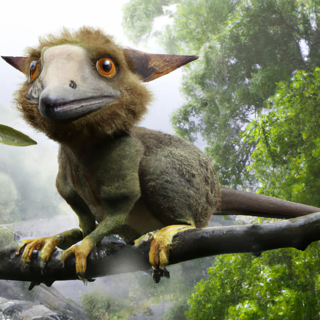 Prompt: ancient has dinosaur head chimera of Sunda Flying Lemur ,has macrauchenia's trunk, and similart to the duck-billed platypus , amazing, warning coloration on the skin, dinosaur .  pre-historic, Full shot, Long shot, speculative evolution. Highly realistic, accurate anatomically correct paleoart, ultra-realistic CGI representation,  hyperrealistic, award-winning wildlife photography,  4k, trending on artstation, staged photography , scientifically correct