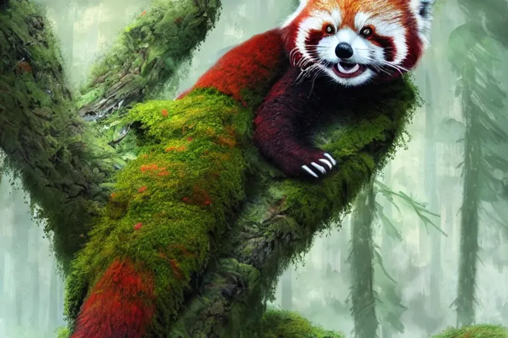 Prompt: Red panda made out of moss and on fire hiding in a forest, highly detailed, artstation, soft light, sharp focus, illustration, character design, concept art, diffused lighting