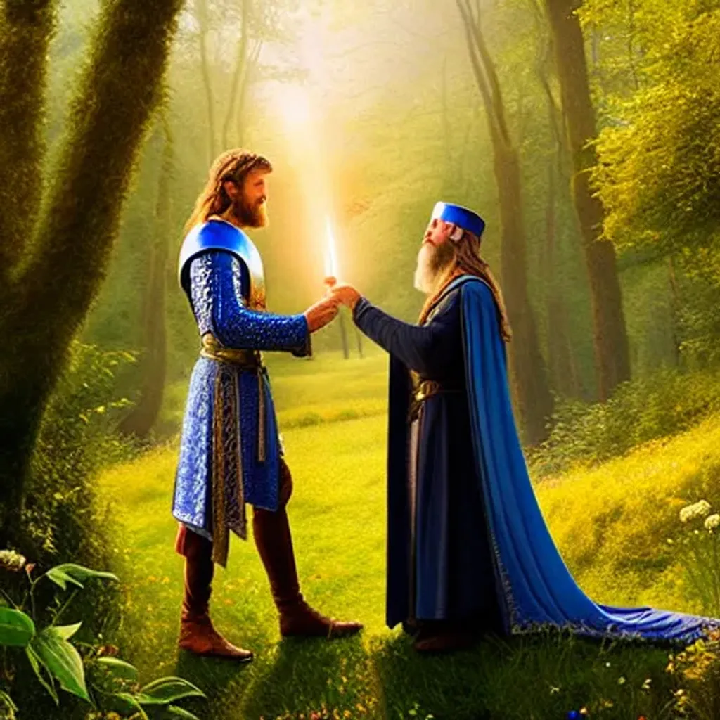 Prompt: King Arthur and the wizard Merlin, on the quest for the holy grail, ethereal, coherent, peaceful, good, focused, high resolution, cinematography, cinematic composition, beautiful, charming, photography, dreamy, perfect, brilliant, high quality, sweet, handsome, high definition, calming, oil painting, digital art