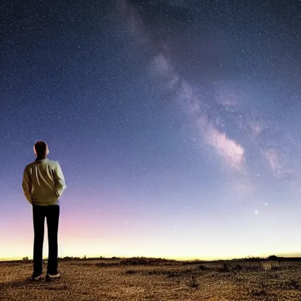 Prompt: last human on earth looks at the night sky before he begins to cry