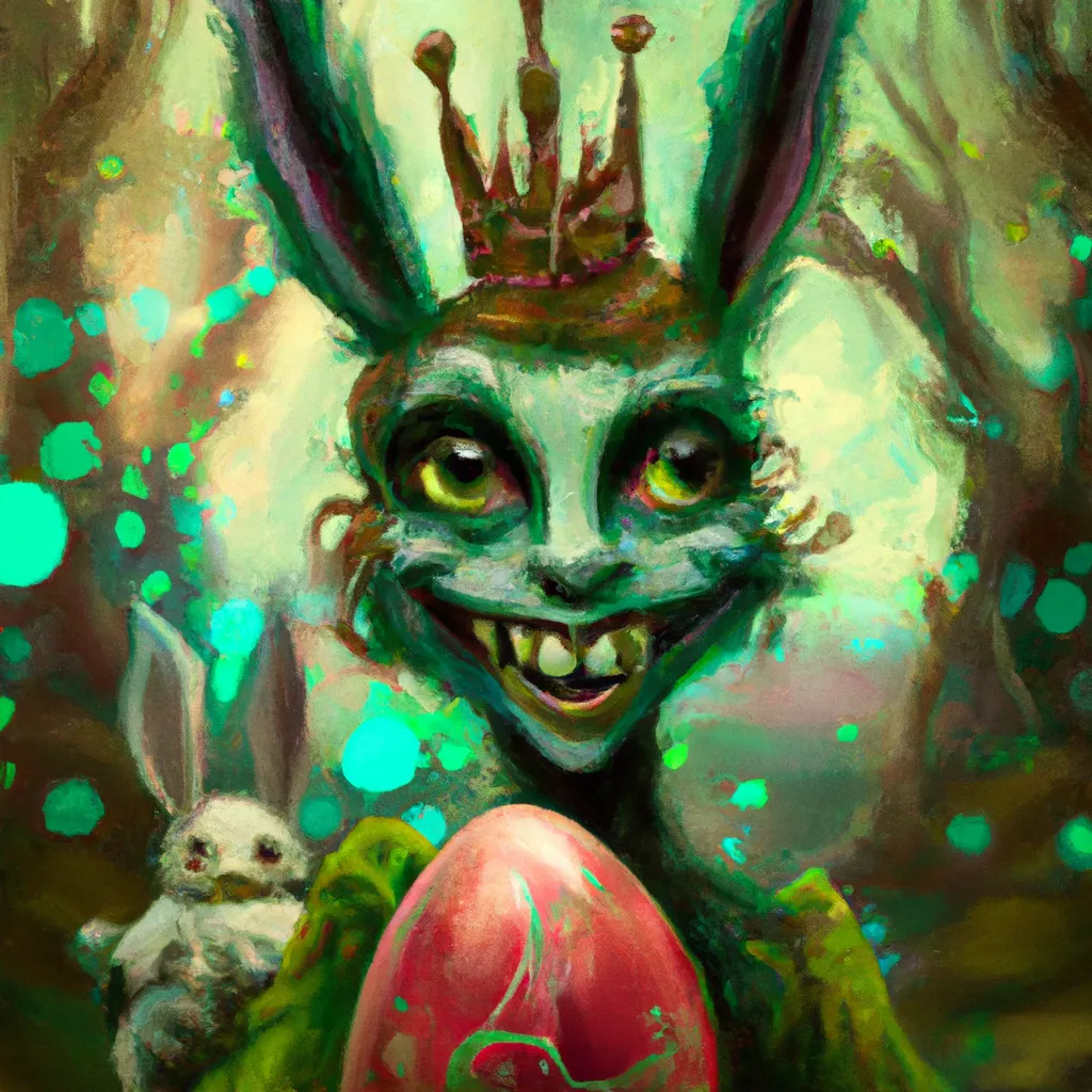 Prompt: Portrait of a creepy grinnig green easter bunny with long teeth and glowing red eyes holding An easter egg that has a crown. Witches searching for candy in the background. matte painting, bokeh. Elegant detailed digital art By Gil Elvgren and Tim Burton