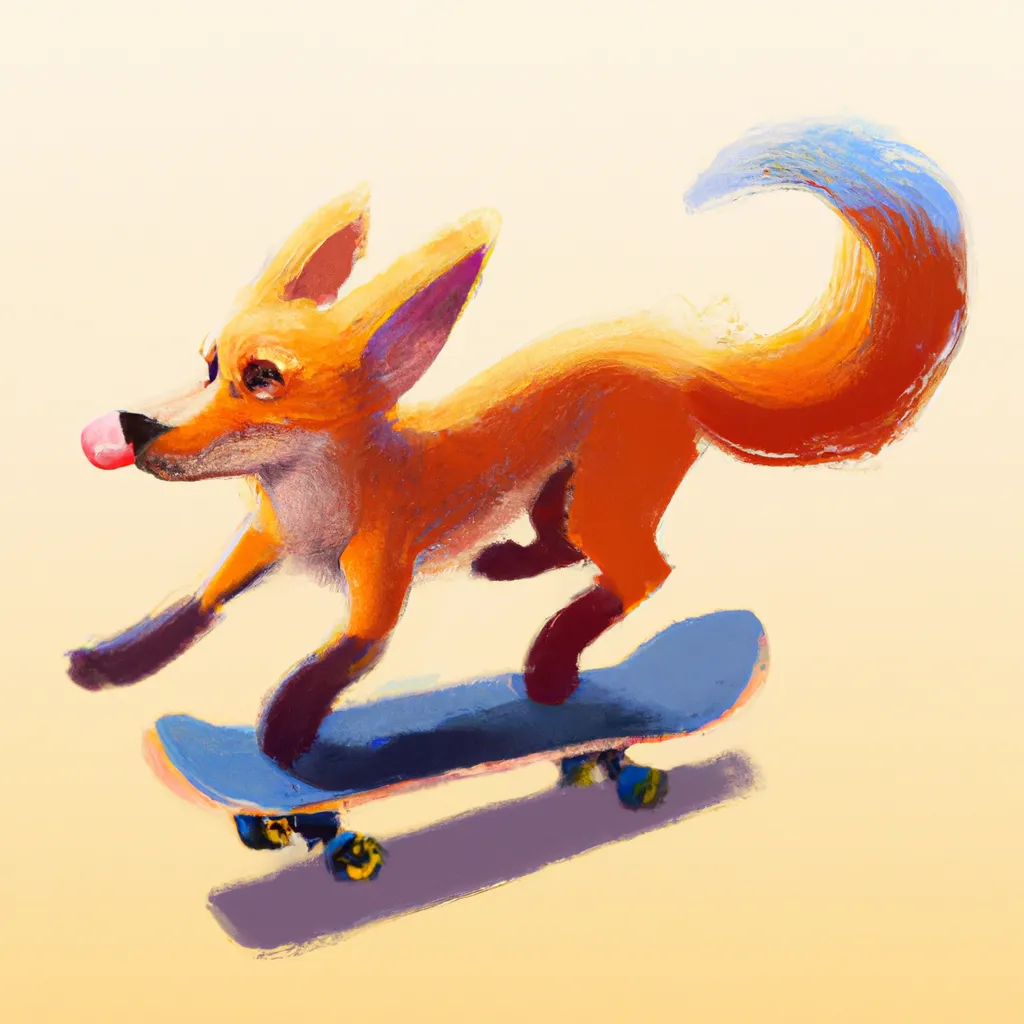 Prompt: a fox riding a tiny skateboard, digital art 