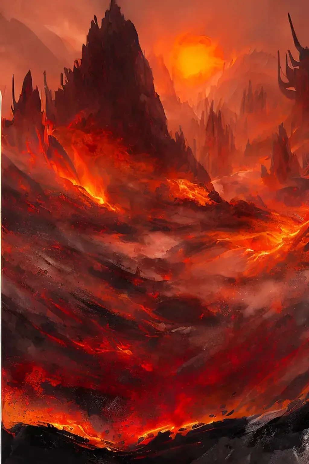 Prompt: tomasz jedruszek phyrexian mountain red orange fire hellscape distorted jagged structure