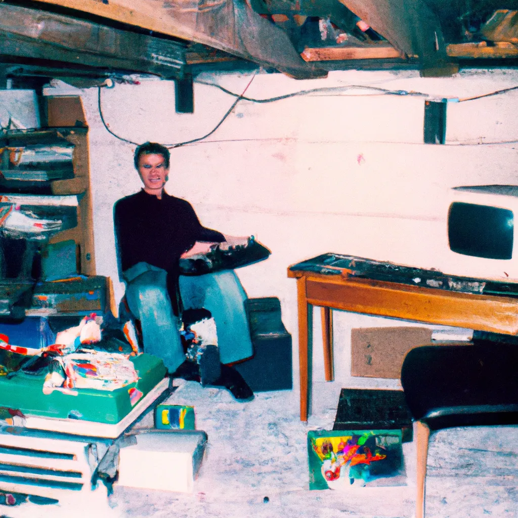 Prompt: A photo of a abandoned basement with a messy gaming setup. from (2000) captured with bright camera flash, and a man presenting it.