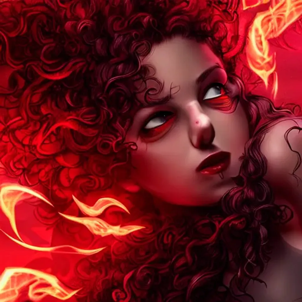 Prompt: girl with curly hair breathing red flames with devil wings and horns digital art cinematic 8k detailed cartoony style