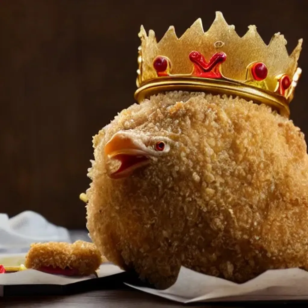 Prompt: Standing breaded chicken with a crown of a king in 
top of it, hyper realistic, 4k
source

