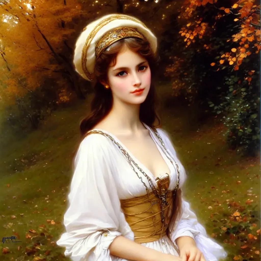 Prompt: Breton girl, detailed face, golden hair, beret. In autumn riverside. Painting by Franz Xaver Winterhalter and Luis Royo and Jurgens artstation