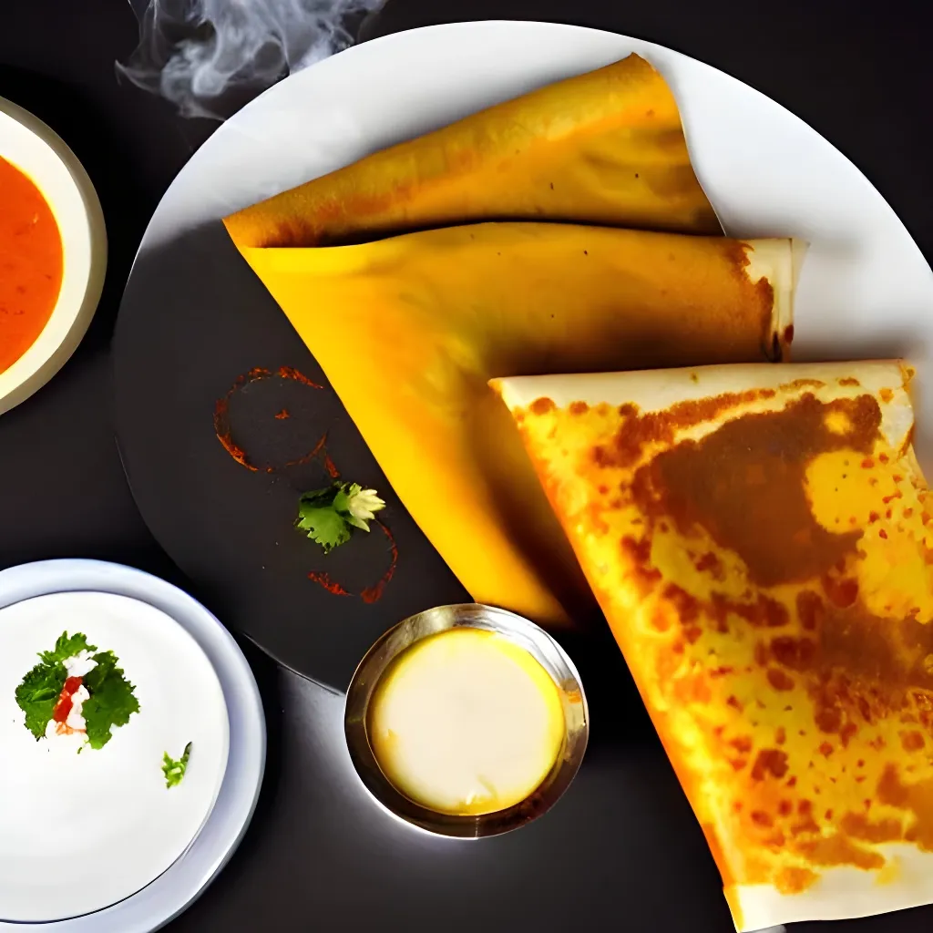 Prompt: brochure photograph of a tasty, piping hot masala dosa, mouth watering, steam rising, melting butter on top,  with chutni, on a white china plate, cloth napkin, fork and spoon, highly detailed, close up, masterpiece, artstation, focus on dosa, steam rising