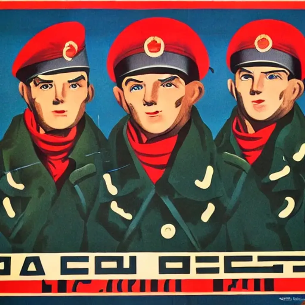 Prompt: Soviet propaganda poster with Soviet soldiers wearing red trench coats, and medals, with winter hats.   