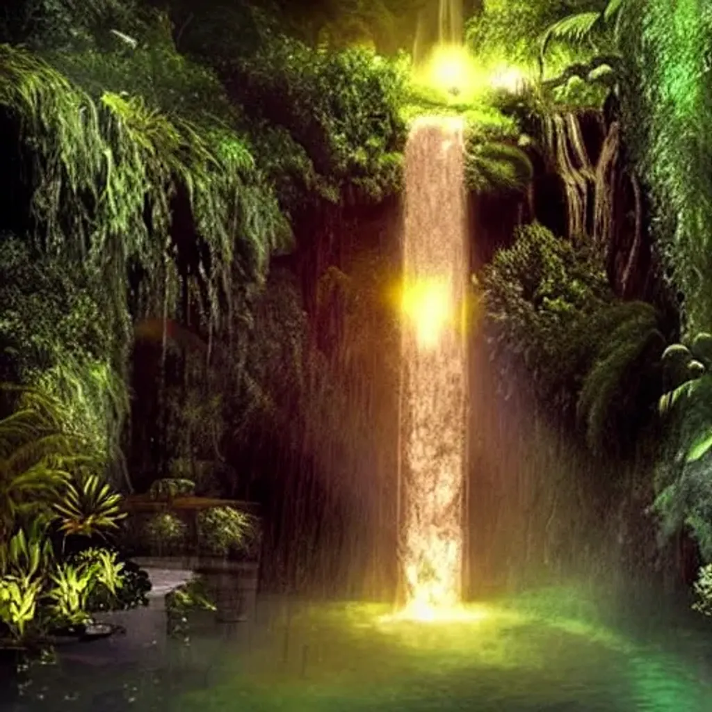 Prompt: fantasy like dimly lit twisty jungle with many waterfalls