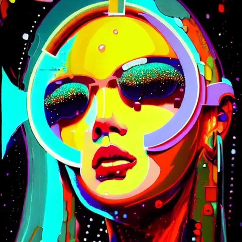 Prompt: "Thick textured geometric anaglyph Acrylic color made of diodes and transistors+palette knife style oil painting 3/4 full portrait High fashion model ink punk+with Melting liquid LED lights fiber optic hair+Hiroaki Takahashi art+ultra perfect composition+3d liquid detailing+fluid acrylic+by greg tocchini+james gilleard+joe fenton+kaethe butcher+Bosch+Dan Mumford+Sam Yang+Seb McKinnon+Peter Chung+hideyuki morioka+ito ogure+vofan+greg rutkowski+victo ngai+Kandinsky art style a vast shooting star filled sky+compositional direction+visual tension+structural net+by Boris Artzybasheff+greg tocchini+james gilleard+joe fenton+kaethe butcher+Bosch+Dan Mumford+Sam Yang+Seb McKinnon+Peter Chung+hideyuki morioka+ito ogure+vofan+greg rutkowski+victo ngai+an opulent cybernetic city background relative apparent size+by greg tocchini+james gilleard+joe fenton+kaethe butcher+Bosch+Dan Mumford+Sam Yang+Seb McKinnon+Peter Chung+hideyuki morioka+ito ogure+vofan+greg rutkowski+victo ngai+ opulent masterpiece oil painting+tech punk+cybernetics+Keyshot+Redshirt+CGsociety+ray tracing+perfect composition+asymmetrical+lush vivid colors+Global cinematic illumination+photograph+DSLR+HDR+35mm lens+hyper realism+3d shading+pixiv+shadow depth+by Alberto Mieglo+Boris Artzybasheff+Warpsol+Bosch+Jamie Hewlett+Moebius"