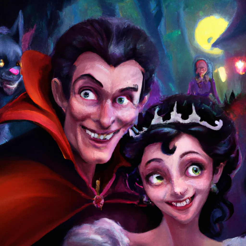 Prompt: Face of a joking laughing vampire with sharp teeth and glowing red eyes. A werewolf with a crown.  Couples slowdancing together in the background. matte painting, bokeh. Elegant detailed digital art By Gil Elvgren and Tim Burton
