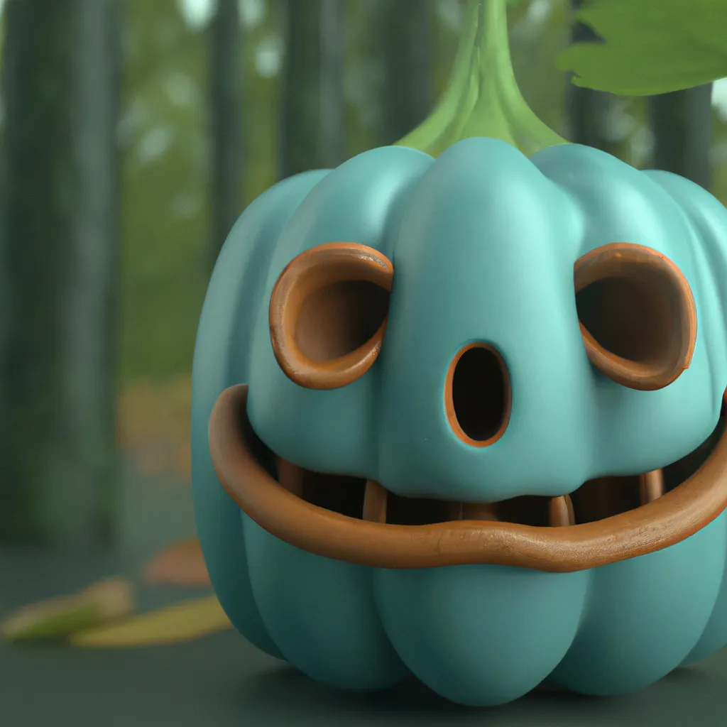 Prompt: cute 3D render of a pumpkin head in a clay style, frontal view, blue spooky forest background, substance 3d painted, blender, smooth texture, high resolution, trending on behance.net, by Carlos Behrens