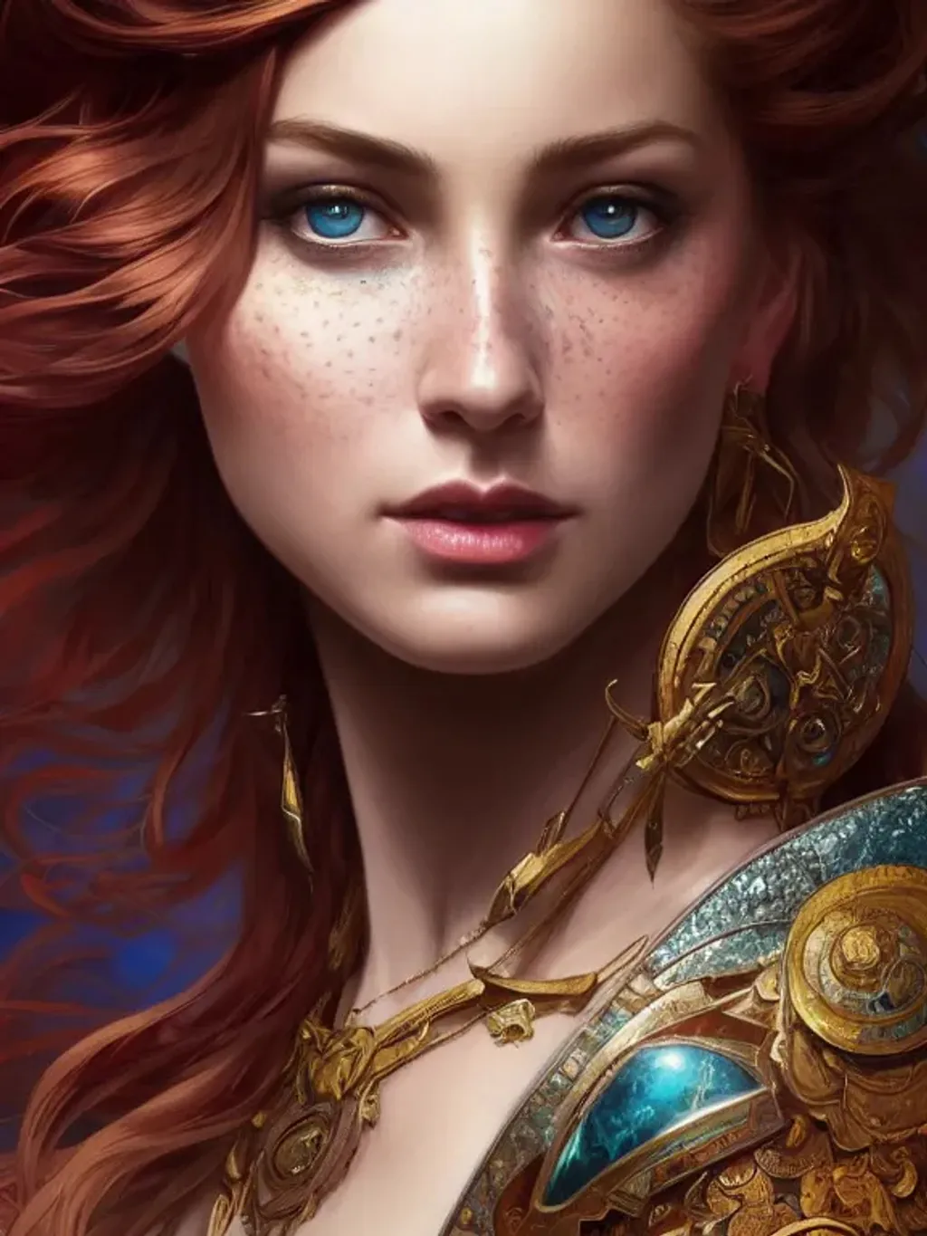 Prompt: fantasy, freckles, hyperdetailed painting, complex, head and shoulders portrait, 4k resolution concept art portrait by Greg Rutkowski, Artgerm, WLOP, Alphonse Mucha dynamic lighting hyperdetailed intricately detailed art trending on Artstation triadic colors Unreal Engine 5 volumetric lighting handsome, Godess of Aurora, young, pop, elegant, trickster, father, clear, deep color art, Greg Rutkowski art, fantasycore, airbrush art, top hat, entertainer, circus leader, black tux, unreal engine, greg rutkowski, loish, rhads, beeple, makoto shinkai and lois van baarle, ilya kuvshinov, rossdraws, tom bagshaw, alphonse mucha, global illumination, detailed and intricate environment, trending on artstation, sharp focus, studio photo, intricate details, highly detailed, by greg rutkowski