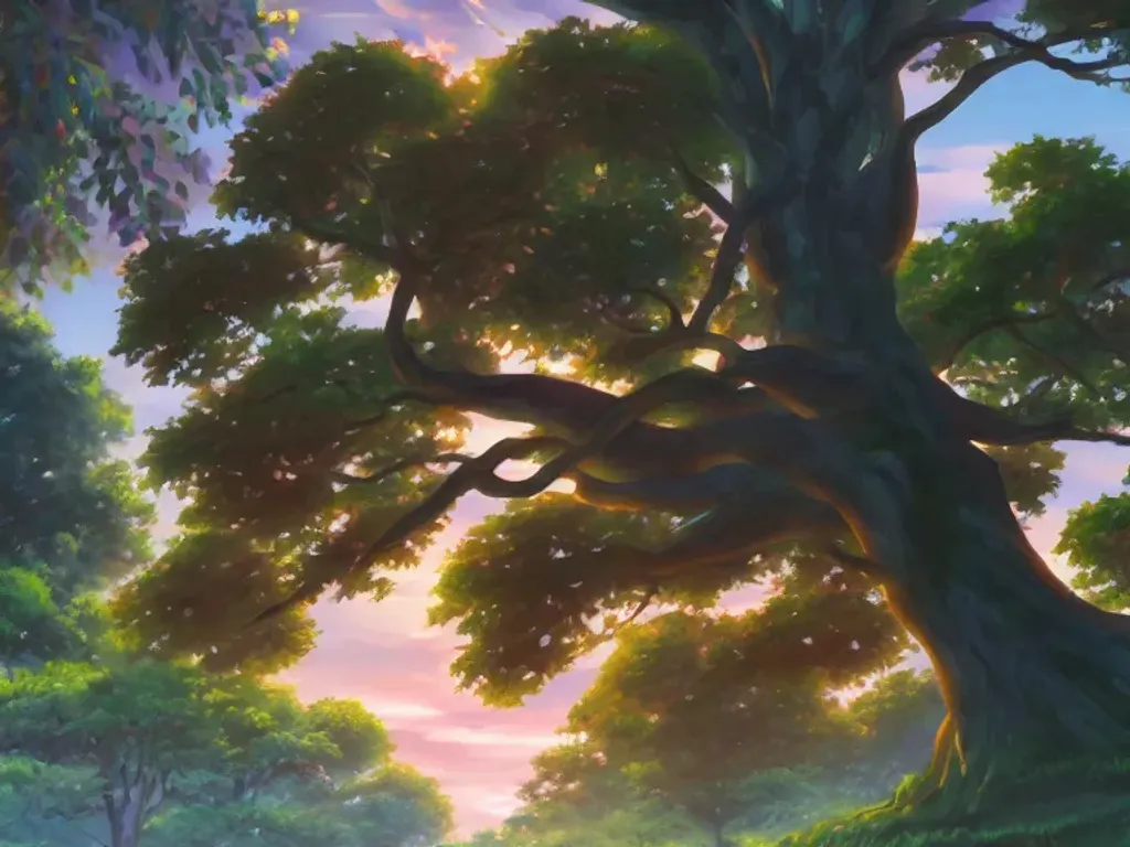 Prompt: Large tree with lush leaves in park at sunset, anime, oil painting, high resolution, cottagecore, ghibli inspired, 4k