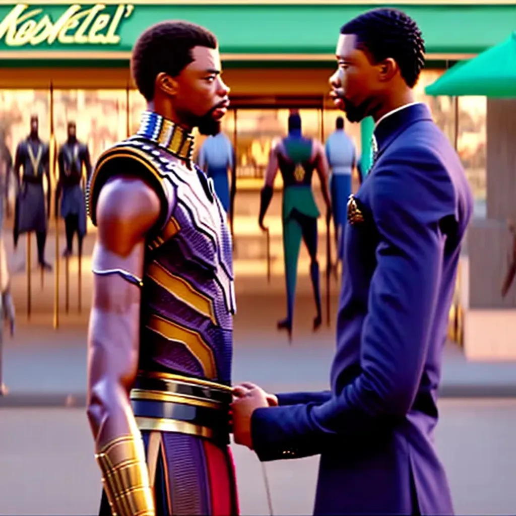 Prompt: King T’challa from Wakanda meets prince Akeem of Zamunda in front of a McDowell’s restaurant, 80mm lens, over the shoulder point of view, photograph, film, video camera, realistic, highly detailed