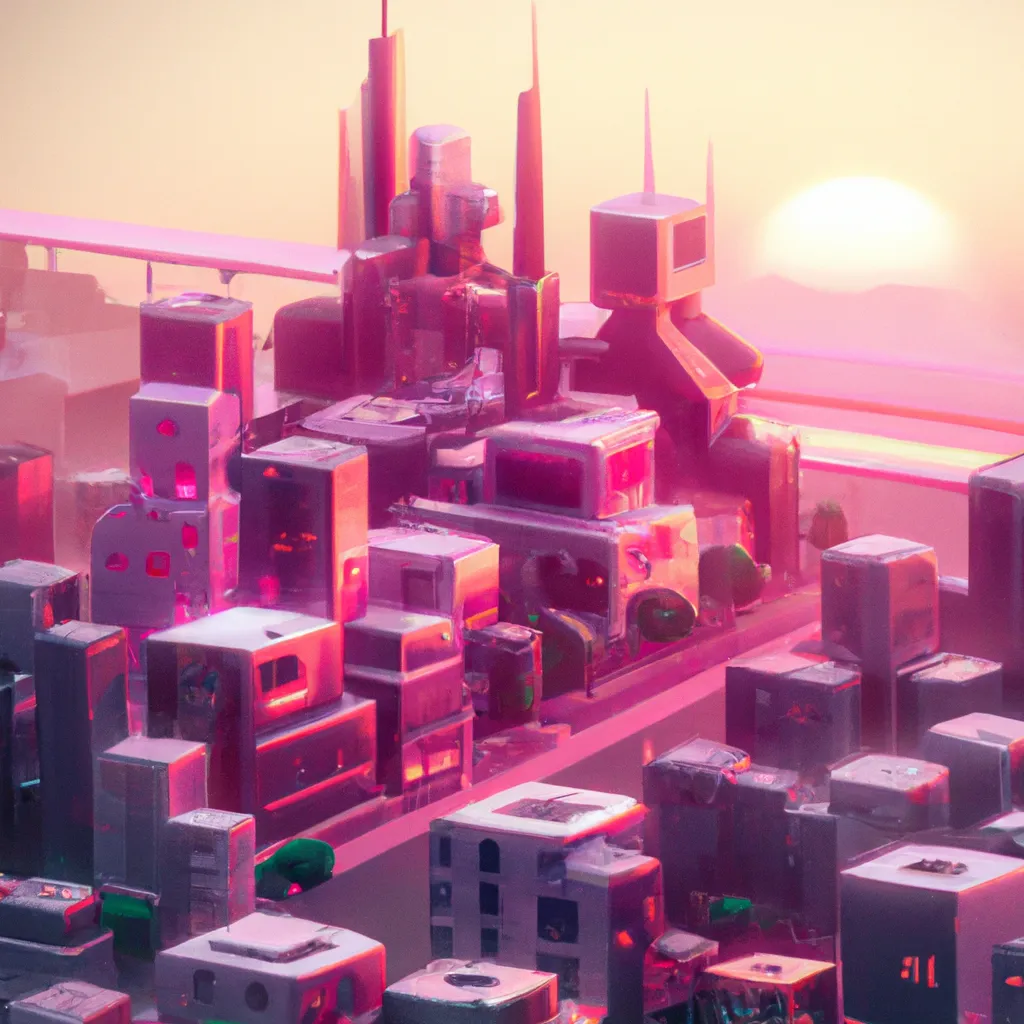 Prompt: Isometric futuristic city during pink sunset, tilt-shift, trending on ArtStation, matte painting by Greg Rutkowsky