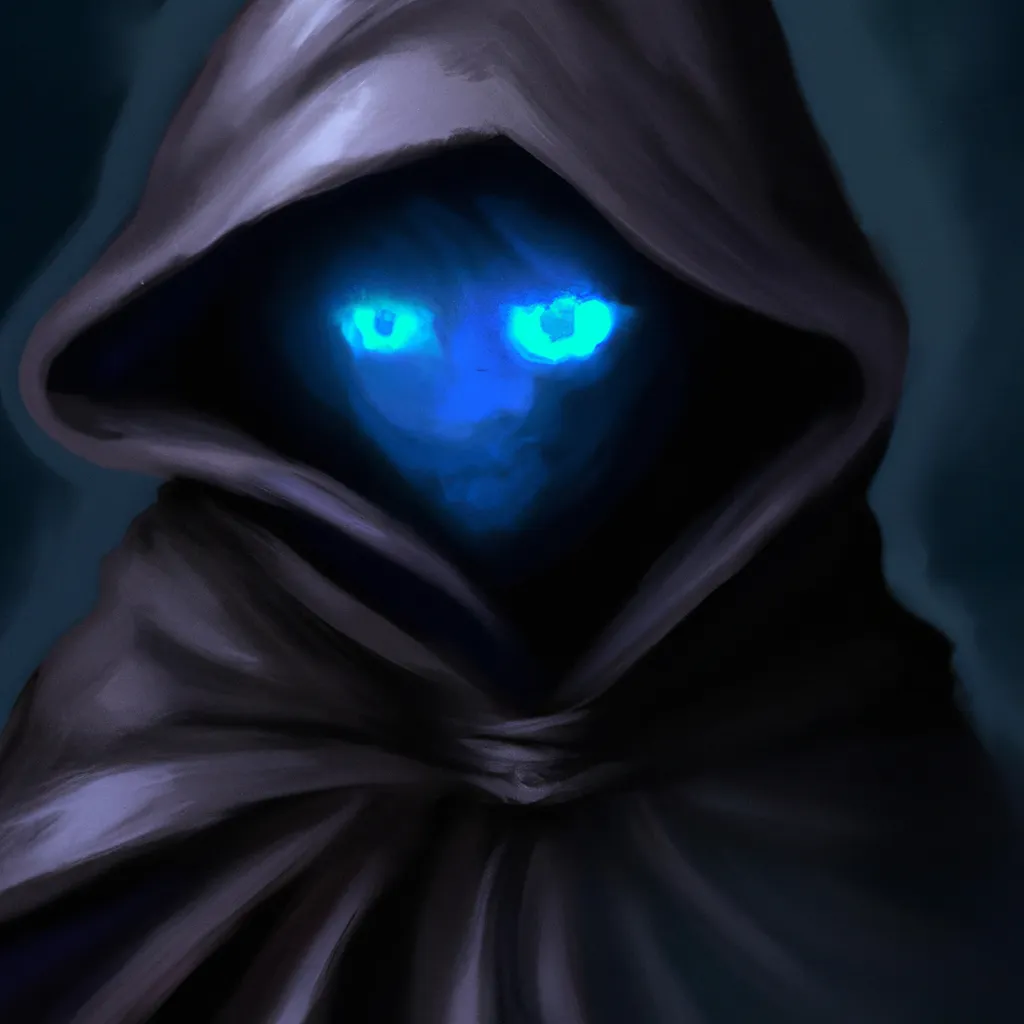 Prompt: Dark Faceless blue mage with glowing blue eyes, Hooded cloak, digital art, greg rutkowski, cute
