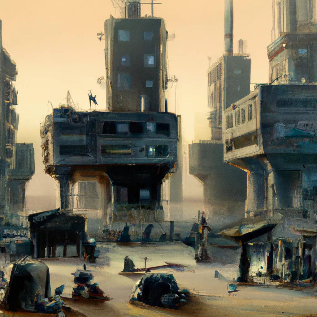 Prompt: Post apocalyptic tech wasteland, acrylic painting by Lucy Fleming, socialist realism, fantasy movie scene, aestheticism, baroque, trending on artstation 