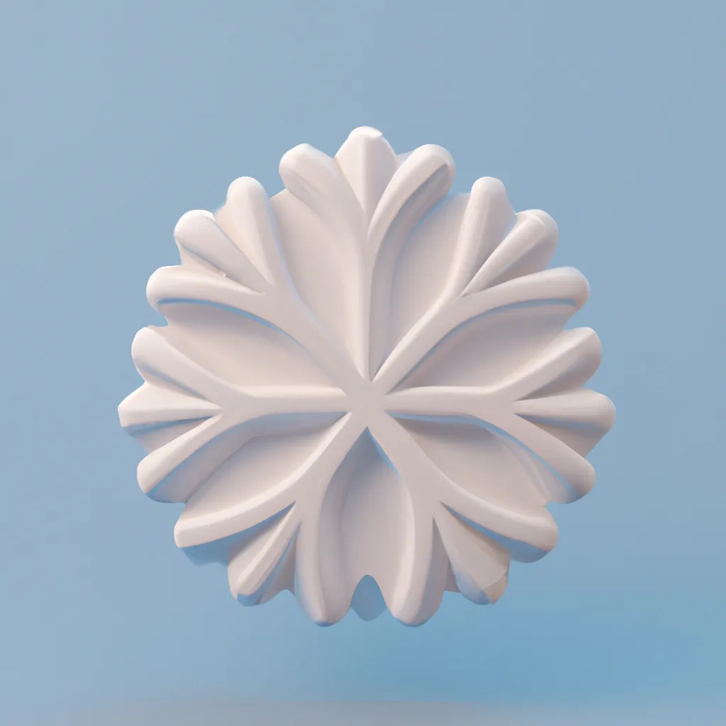 Prompt: 3D render of a cute white rounded snow flake in a clay style, frontal view, blue background, substance 3d painter, blender, smooth texture, warm lighting, high resolution, trending on behance.net, by Nintendo