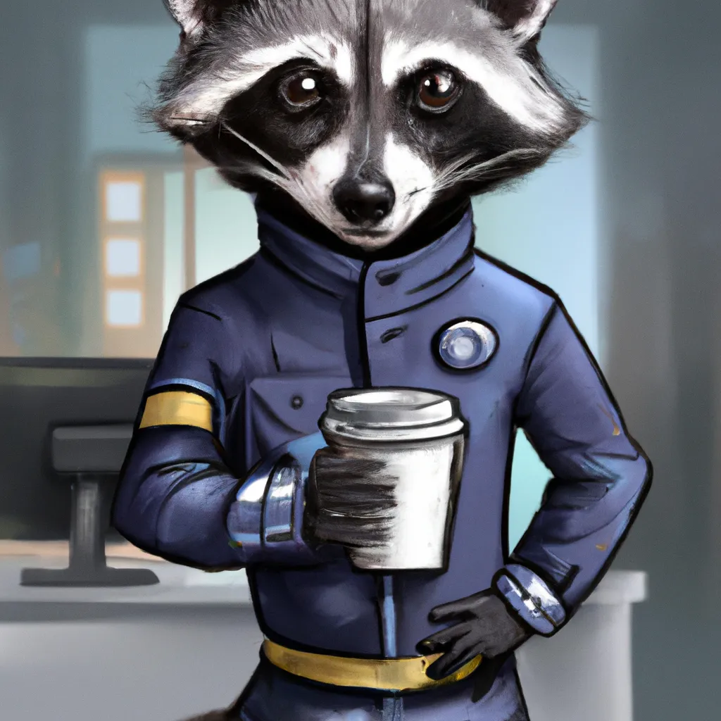 Prompt: A cute raccoon in an space suit standing in an office holding a cup of coffe, photorealistic