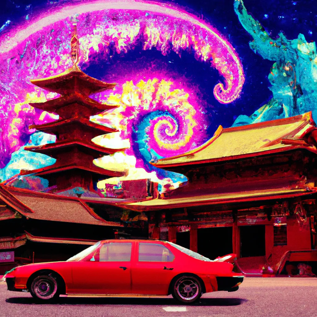 Prompt: a hypnotic view of imperial japan, red japanese building, colorful spiral galaxy, vaporwave and synthwave, gorgeous vintage sports car, blue hiroshi nagai clouds, golden giant crescent moon in the background, intricate, insane level of detail, hyper-detailed, cinematic, inspiring composition, nostalgia and abstract, photograph