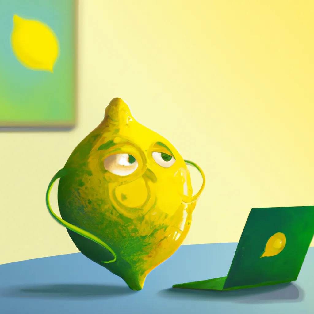 Prompt: An intelligent lemon sits at a laptop, creating an image of a lemon. Textless. Behind the lemon on the wall are colourful beautiful paintings. Cinematic. Trending on ArtStation. Beautiful detailed painting. Textless. 