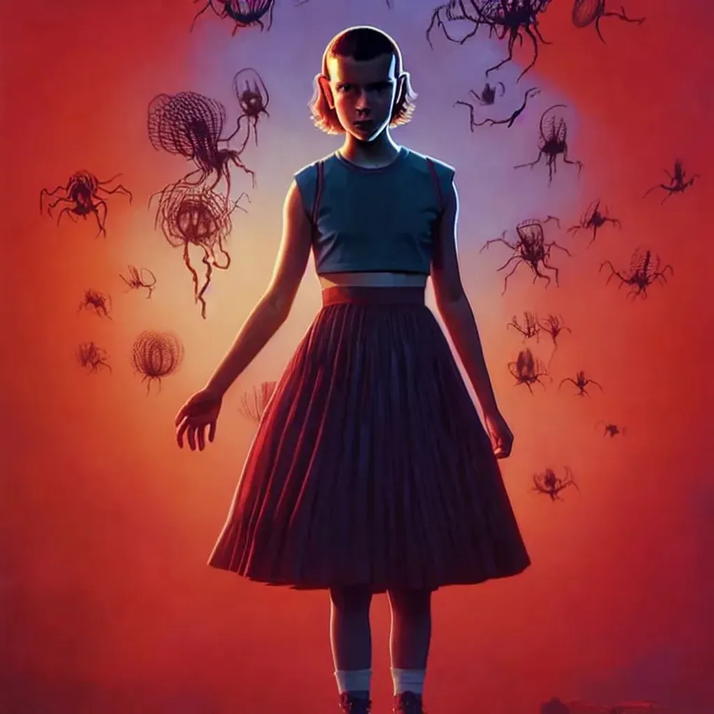 Prompt: Millie Bobby Brown from Stranger Things facing the camera with her hand outstretched with things floating all around her, fullbody, intricate, highly detailed, artstation, concept art, smooth, sharp focus, illustration, art by greg rutkowski and orientalism and bouguereau and Zdzislaw Beksinski, good clear quality, lighting, biology, symmetrical artwork, perfect face, 135 mm, cinematic, hyper realism, high detail, octane render, 8k, chrome accents