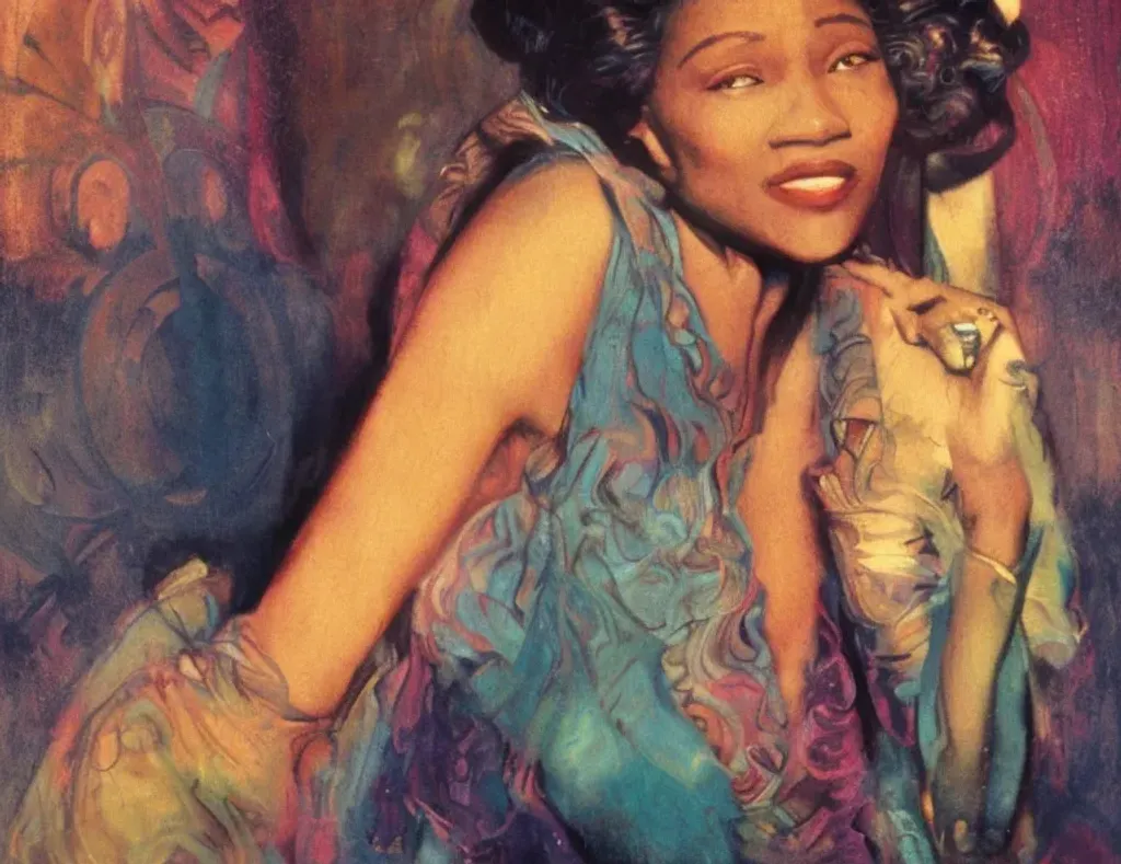 Prompt: portrait of a woman by Alphonse Mucha a very attractive well to do 1920's black woman singing in a jazz bar, cool color pallete, ambient lighting, award-winning cgi, artgerm 