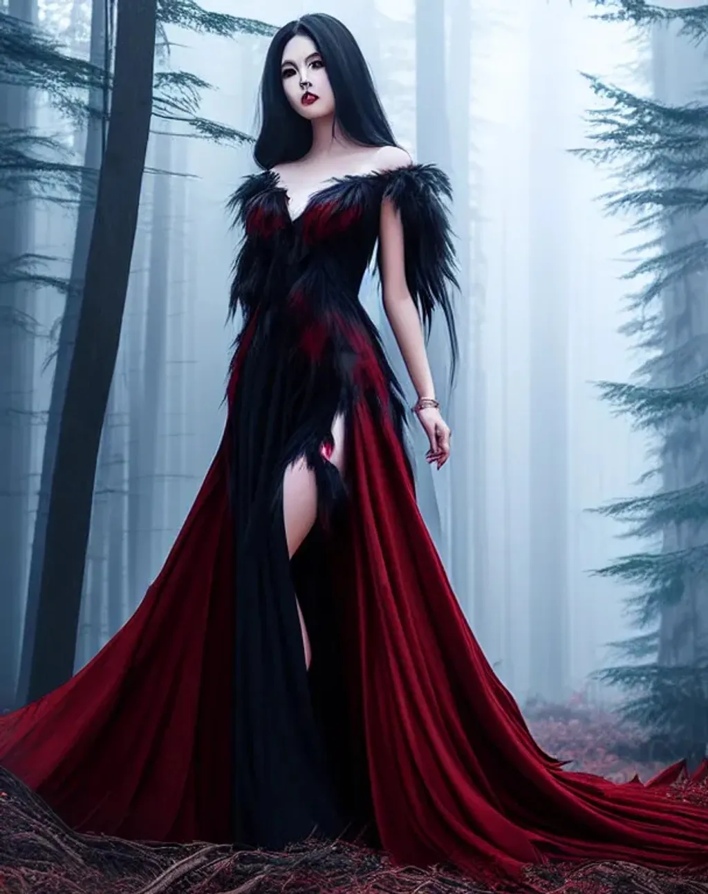 Prompt: Wampire demon queen Raven dress hand dying dark  forest painting by WLOP